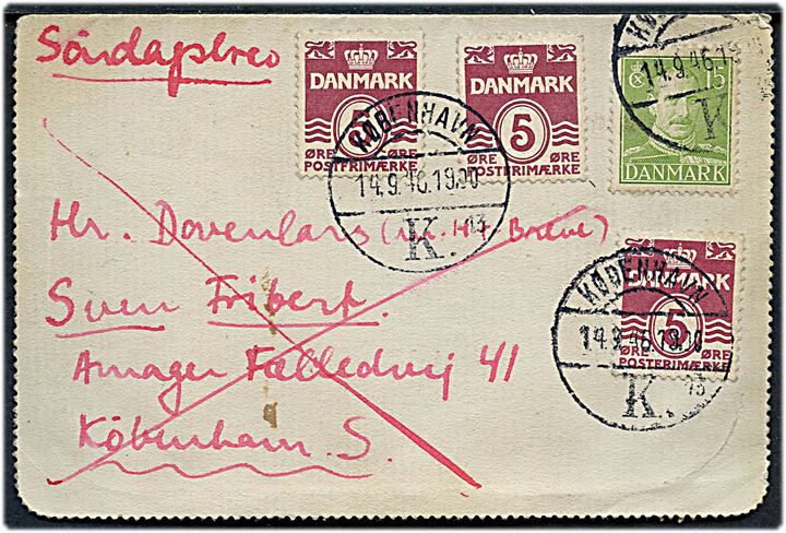 5 øre Bølgelinie (3) og 15 øre Chr. X på korrespondancekort sendt som lokalt søndagsbrev i København d. 14.9.1946.