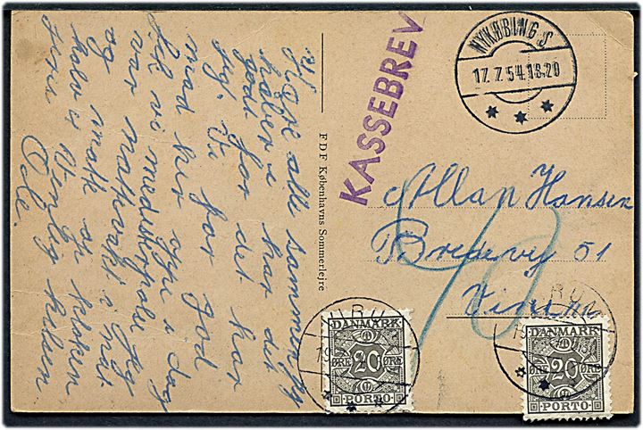 Ufrankeret brevkort (FDF Københavns Sommerlejr) fra Nykøbing S. d. 17.7.1954 med violet stempel Kassebrev til Virum. Udtakseret i porto med 20 øre Portomærke (2) stemplet Virum d. 19.7.1954.