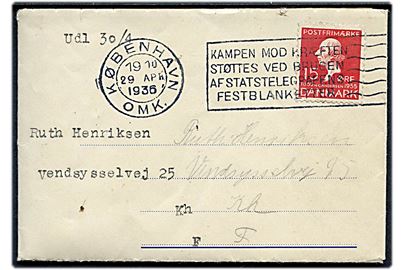 15 øre H. C. Andersen på DFDS Radiobrev - F.E.B. 6-34 250 Bl. - fra sømand ombord på M/S Louisiana i Rosario modtaget af provinsbåden S/S Aarhus og stemplet København d. 29.4.1936 til København.