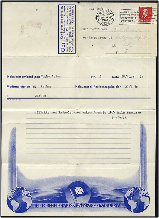 15 øre H. C. Andersen på DFDS Radiobrev - F.E.B. 6-34 250 Bl. - fra sømand ombord på M/S Louisiana i Rosario modtaget af provinsbåden S/S Aarhus og stemplet København d. 29.4.1936 til København.