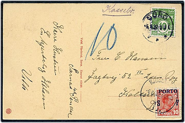 10 øre Bølgelinie på underfrankeret brevkort (Parnas, Sorø) påskrevet kassebr. og stemplet Sorø d. 5.6.1922 til København. Udtakseret i porto med 10 øre SF Porto-provisorium stemplet Kjøbenhavn B. d. 6.6.1922.