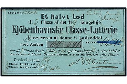 1/4 Lod til det 119de Kongelige Kjøbenhavnske Classe-Lotteri udstedt i Frederikssund 1866.