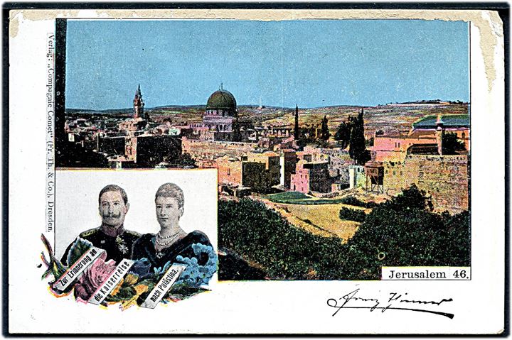 Østrigsk post i Levant. 10 para/3 kr. Provisorium på brevkort (Kaiserreise nach Palästina) annulleret Jerusalem Oesterreichische Post d. 31.10.1898 til Rautzen, Tyskland.