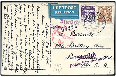 10 øre Bølgelinie og 1 kr. Chr. X på luftpostbrevkort fra Nyborg d. 11.12.1941 til Baltimore, USA. Tysk censur fra Berlin og returneret med stempel: Zurück / Postverkehr eingestellt.