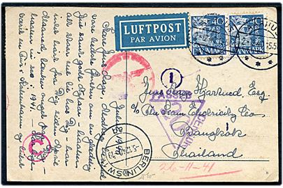 40 øre Karavel (2) på luftpost brevkort fra Aarhus d. 2.12.1940 til Bangkok, Thailand. Tysk censur fra Berlin og Indisk censur. På bagsiden Julemærke 1940.