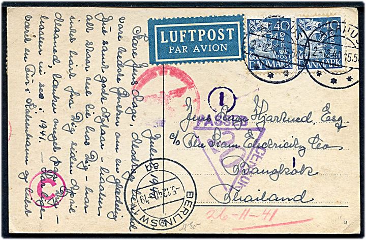 40 øre Karavel (2) på luftpost brevkort fra Aarhus d. 2.12.1940 til Bangkok, Thailand. Tysk censur fra Berlin og Indisk censur. På bagsiden Julemærke 1940.