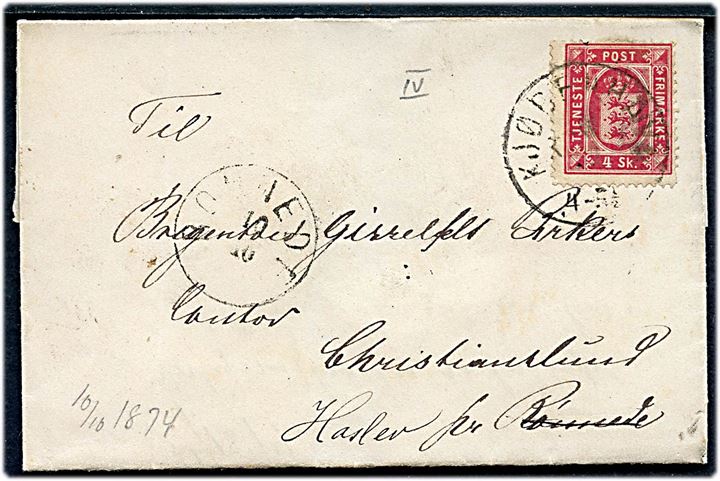 4 sk. Tjenestemærke på brev fra Kjøbenhavn d. 8.10.1874 til Bregentved-Gisselfelt Birkers Kontor, Christianslund pr. Rønnede - omadresseret til pr. Haslev.