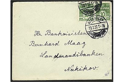 10 øre Bølgelinie (2) på brev fra Øsby annulleret med bureaustempel Haderslev - Aarøsund Havn T.16 d. 23.2.1922 til Nakskov. Tognr. ikke registreret i Daka.