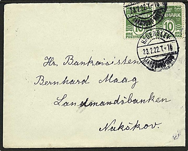10 øre Bølgelinie (2) på brev fra Øsby annulleret med bureaustempel Haderslev - Aarøsund Havn T.16 d. 23.2.1922 til Nakskov. Tognr. ikke registreret i Daka.