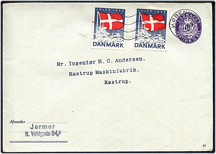 10 øre helsagskuvert (fabr. 62) med to Julemærker 1945 stemplet København d. 27.12.1945 til Kastrup.