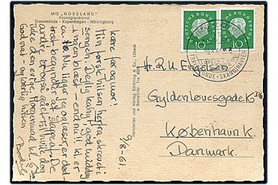 10 pfg. i parstykke på brevkort (M/S Nordland) annulleret med skibsstempel Deutsche Schiffspost / MS Nordland / Lübeck Linie Aktienges. Lübeck / Travemünde - Skandinavien d. 10.8.1961 til København, Danmark.