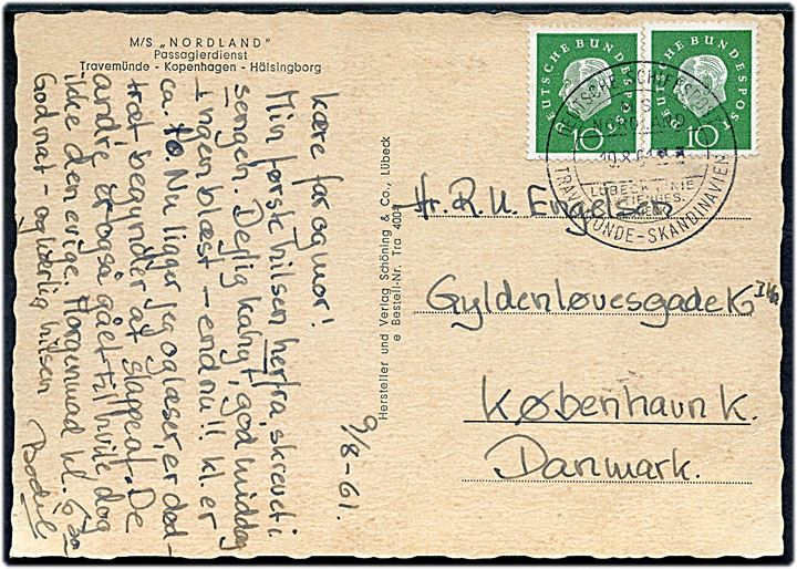 10 pfg. i parstykke på brevkort (M/S Nordland) annulleret med skibsstempel Deutsche Schiffspost / MS Nordland / Lübeck Linie Aktienges. Lübeck / Travemünde - Skandinavien d. 10.8.1961 til København, Danmark.
