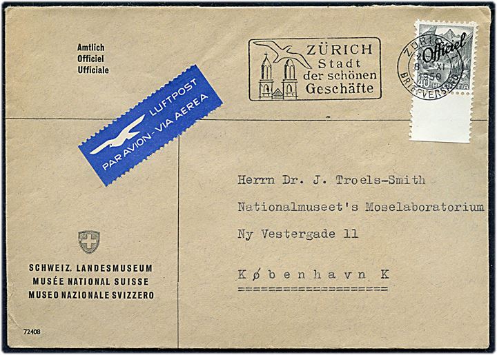 40 c. Officiel Provisorium på tjeneste luftpostbrev fra Schweiz. Landesmuseum i Zürich d. 8.11.1950 til Nationalmuseet i København, Danmark.