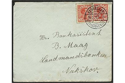 10 øre Chr. X (2) på brev fra Øsby annulleret med bureaustempel Haderslev - Aarøsund Havn T.14 d. 25.2.1921 til Nakskov. Tognr. ikke registreret i Daka.