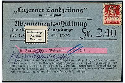 20 c. Tell på retur postopkrævning fra Escholzmatt d. 5.4.1927 til Buttisholz. Retur som nægtet med 3-sproget retur-etiket.