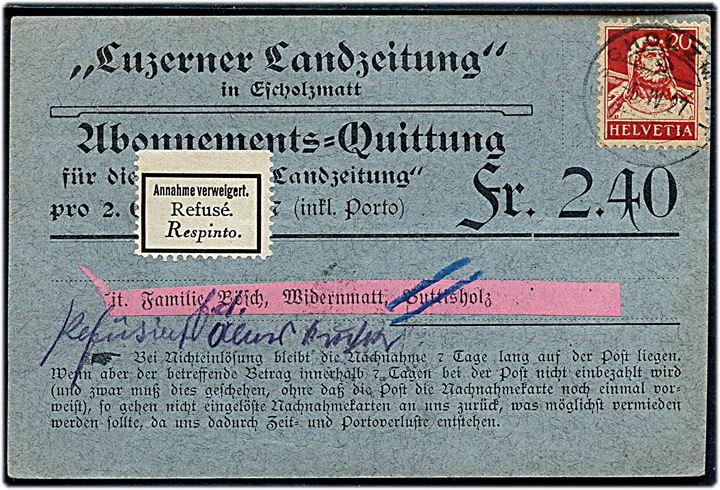20 c. Tell på retur postopkrævning fra Escholzmatt d. 5.4.1927 til Buttisholz. Retur som nægtet med 3-sproget retur-etiket.