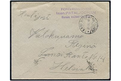 Ufrankeret feltpostbrev fra borgerkrigen mærket Kenttäposti med tjenestestempel PORIN RYKIMENTIN I:sen PATALJOONAN II:nen KOMPPANIA med bureaustempel K.P.X.P. no. 16 (= Hanko-Helsinki) d. 21.6.1918 til Helsinki. 
