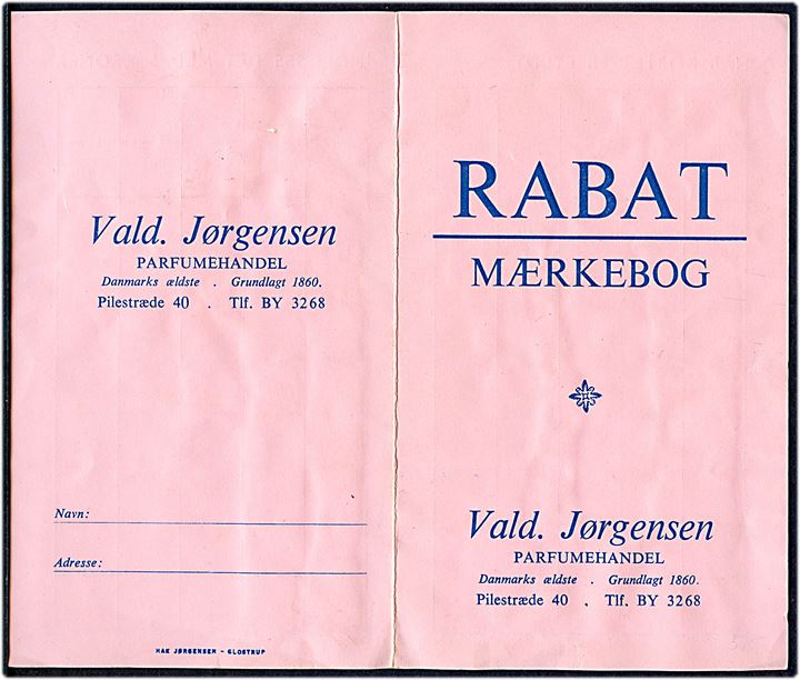 Rabat-Mærkebog fra Vald. Jørgensen, Parfumehandel i København med 5 øre rabat-mærker (84 stk).