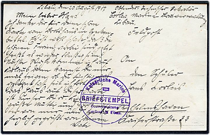 Ufrankeret feltpostkort (Marine-Bau-Vervaltung) dateret i Libau d. 20.8.1917 med Briefstempel Kaiserlische Marine / Bauverwaltung Kurland in Libau til Wilhelmshaven.
