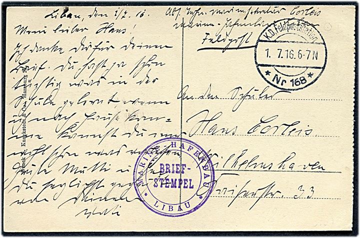 Ufrankeret feltpostkort (Tysk artilleri rykker ind i Libau) stemplet K.D. Feldpoststation * Nr. 168 * (= Libau) d. 1.7.1916 til Wilhelmshaven. Briefstempel: Marine-Hafenbau * Libau *.