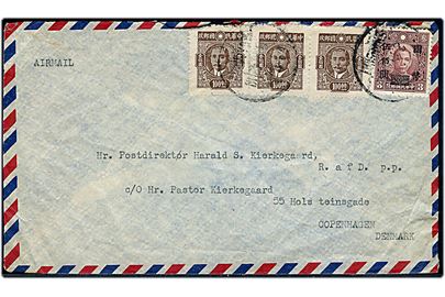 100 $ Sun Yatsen (3) og 500 $/3 c. Provisorium på 800 $ frankeret luftpostbrev fra Shanghai d. 8.10.1946 til København, Danmark.