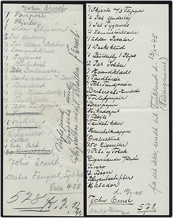 10 øre Chr. X på lokalbrev i København d. 30.11.1944 fra dansk interneret, John Ernst, celle 458 i den tyske afdeling af Vestre Fængsel. Fuldt indhold med rødt censurstempel Geprüft