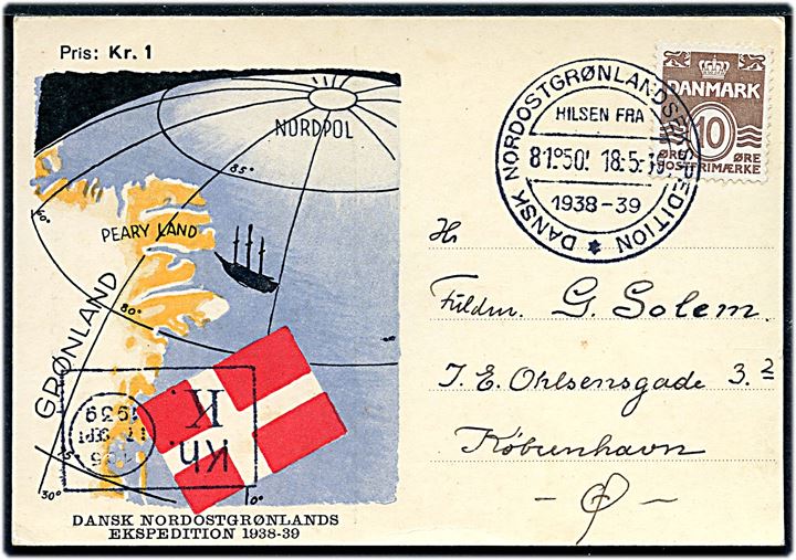 10 øre Bølgelinie på ekspeditions-brevkort annulleret med særstempel Dansk Nordostgrønlandsekspedition d. 18.5.1939 til København, Danmark.