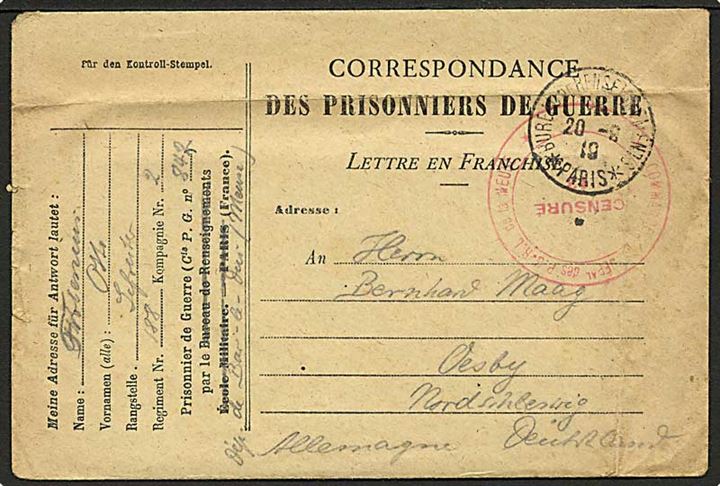 Ufrankeret fransk krigsfangebrev med indhold dateret d. 15.9.1919 og stemplet Paris d. 20.9.1919 til Oesby, Nordslesvig.