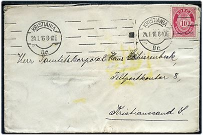 10 øre Posthorn på brev fra Kristiania til Sanitetskorporal ved Feltpostkontor 8 i Kristiansand S.