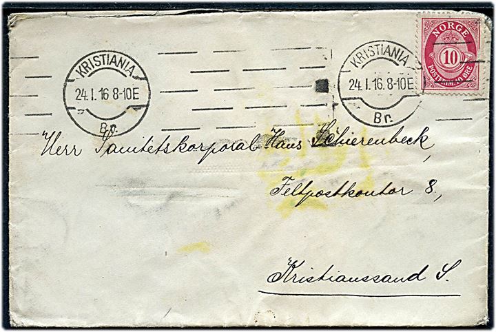 10 øre Posthorn på brev fra Kristiania til Sanitetskorporal ved Feltpostkontor 8 i Kristiansand S.