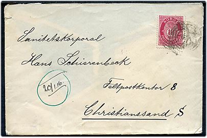 10 øre Posthorn på brev annulleret med ulæseligt 4-ringsstempel dateret d. 20.1.1916 til Sanitetskorporal ved Feltpostkontor 8 i Christianssand S.