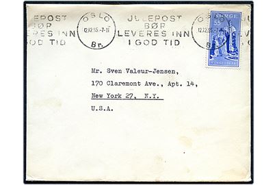 55 øre Regentjubilæum single på brev fra Oslo d. 12.12.1955 til New York, USA.