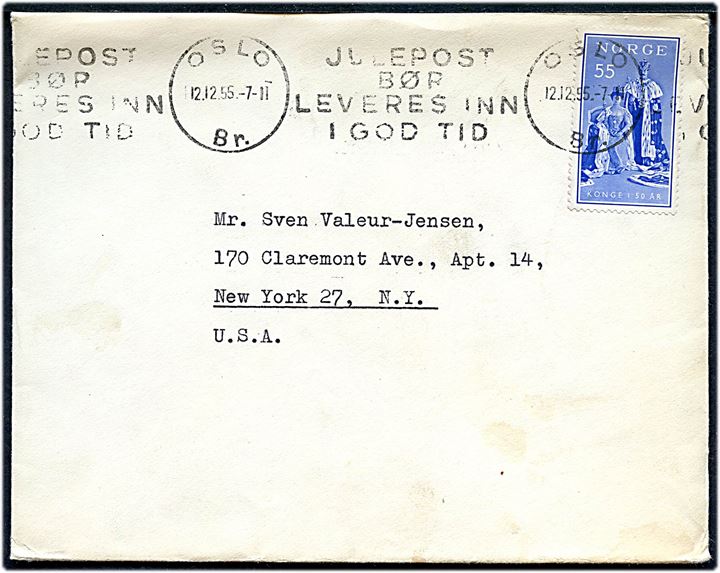 55 øre Regentjubilæum single på brev fra Oslo d. 12.12.1955 til New York, USA.