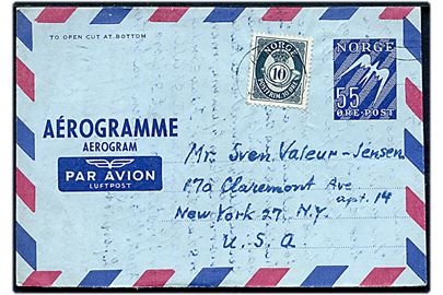 55 øre helsags aerogram opfrankeret med 10 øre Posthorn fra Narvik d. 12.2.1956 til New York, USA.