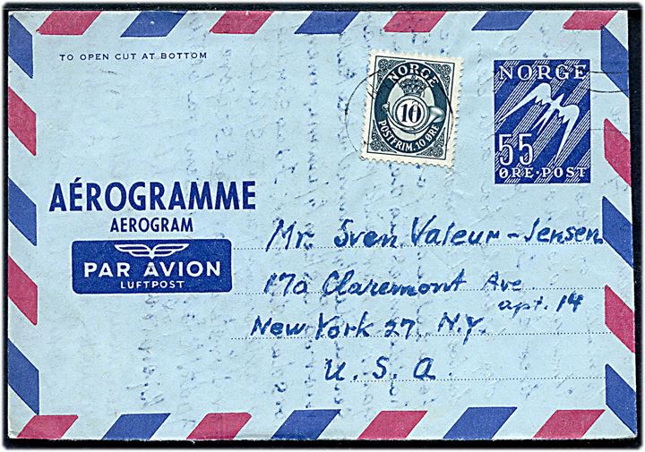 55 øre helsags aerogram opfrankeret med 10 øre Posthorn fra Narvik d. 12.2.1956 til New York, USA.