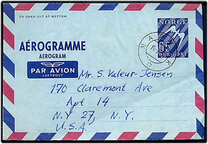 65 øre helsags aerogram fra Narvik d. 14.7.1958 til New York, USA.