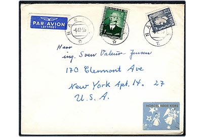25 øre og 1 kr. Haakon på luftpostbrev fra Narvik d. 6.12.1955 til New York, USA.