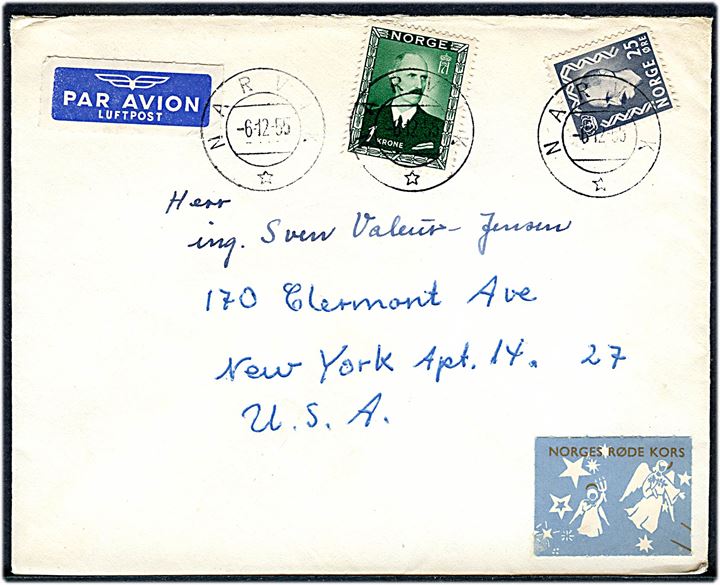 25 øre og 1 kr. Haakon på luftpostbrev fra Narvik d. 6.12.1955 til New York, USA.
