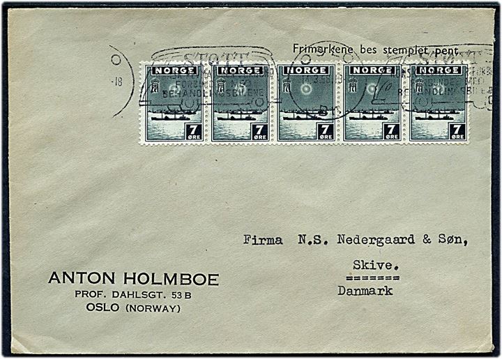 7 øre London udg. i vandret 5-stribe på brev fra Oslo d. 14.3.1958 til Skive, Danmark.