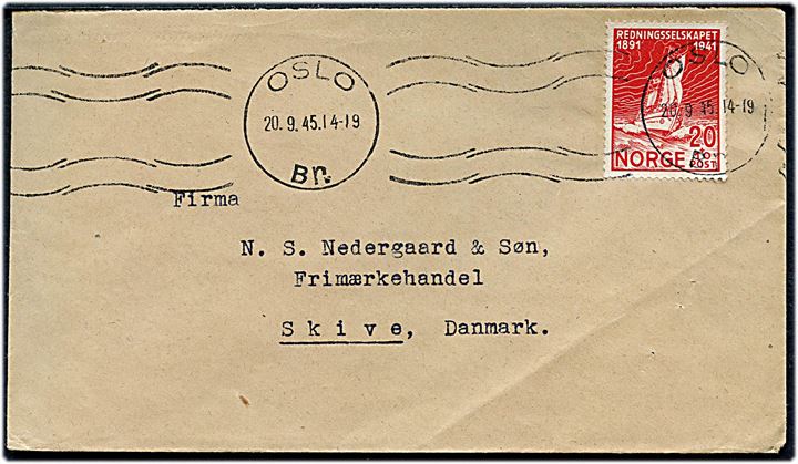 20+10 øre Redningsselskapet single på brev fra Oslo d. 20.9.1945 til Skive, Danmark.