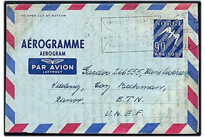 90 øre helsags aerogram fra Oslo d. 5.5.1959 til FN soldat i Mellemøsten ved Coy Beckman, Danor Bn. UNEF. Nusset.