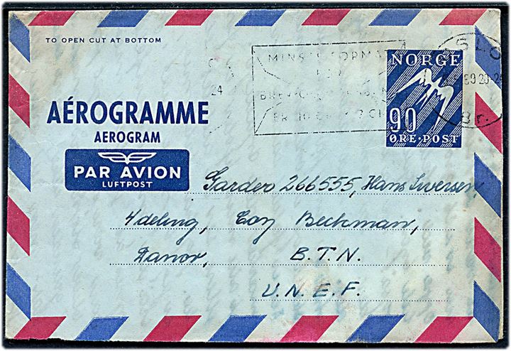 90 øre helsags aerogram fra Oslo d. 5.5.1959 til FN soldat i Mellemøsten ved Coy Beckman, Danor Bn. UNEF. Nusset.