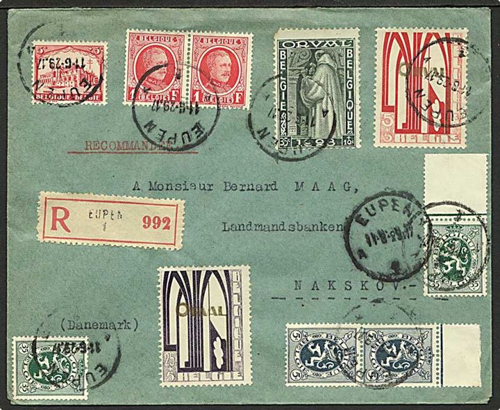 Blandingsfrankeret anbefalet brev fra Eupen d. 11.6.1929 til Nakskov, Danmark.