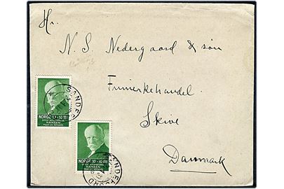 10+10 øre Nansen I udg. (2) på illustreret kuvert fra Sandefjord stemplet Sandefjord d. 26.1.1939 til Skive, Danmark.