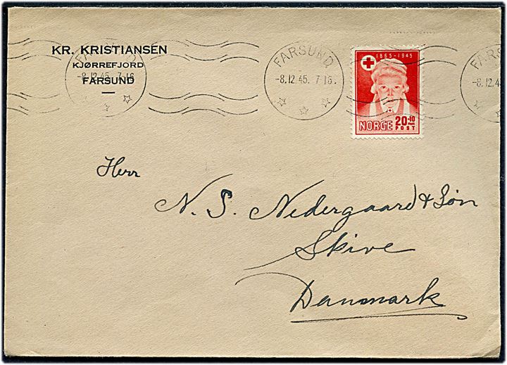 20+10 øre Røde Kors single på brev fra Farsund d. 8.12.1945 til Skive, Danmark. På bagsiden Norges Røde Kors julemærke i fireblok.