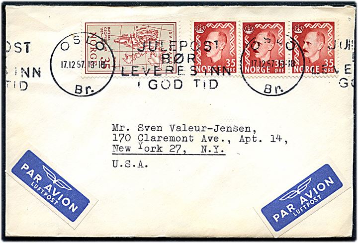 35 øre Haakon (3) og 35 øre Svalbard på luftpostbrev fra Oslo d. 17.12.1957 til New York, USA. 