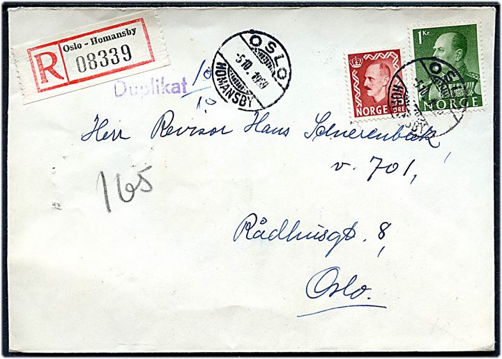 35 øre Haakon og 1 kr. Olav på anbefalet brev fra Oslo-Homansby d. 5.10.1959 til Oslo.