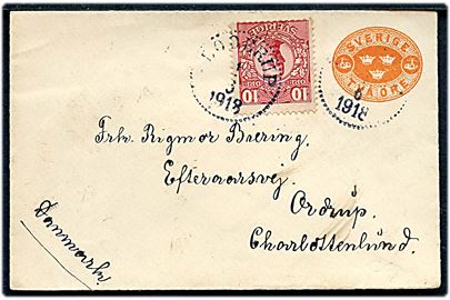 2 öre Tre Kroner helsagskuvert opfrankeret med 10 öre Gustaf fra Löderup d. 1.6.1918 til Ordrup pr. Charlottenlund, Danmark.