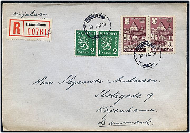 2 mk. Løve i parstykke og 8 ml. Borgå i parstykke på anbefalet brev fra Hämeenlinna d. 10.1.1947 til København, Danmark.