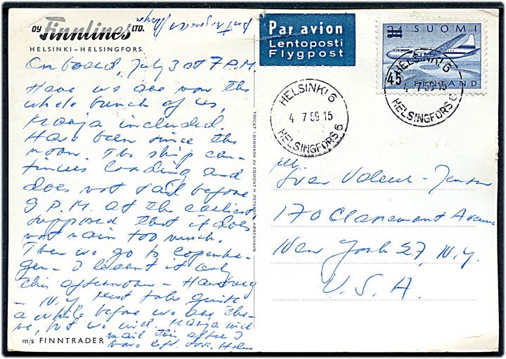 45/34 mk. Luftpost provisorium single på luftpost brevkort (M/S Finntrader) fra Helsinki 4.7.1959 til New York, USA. Nålehul.